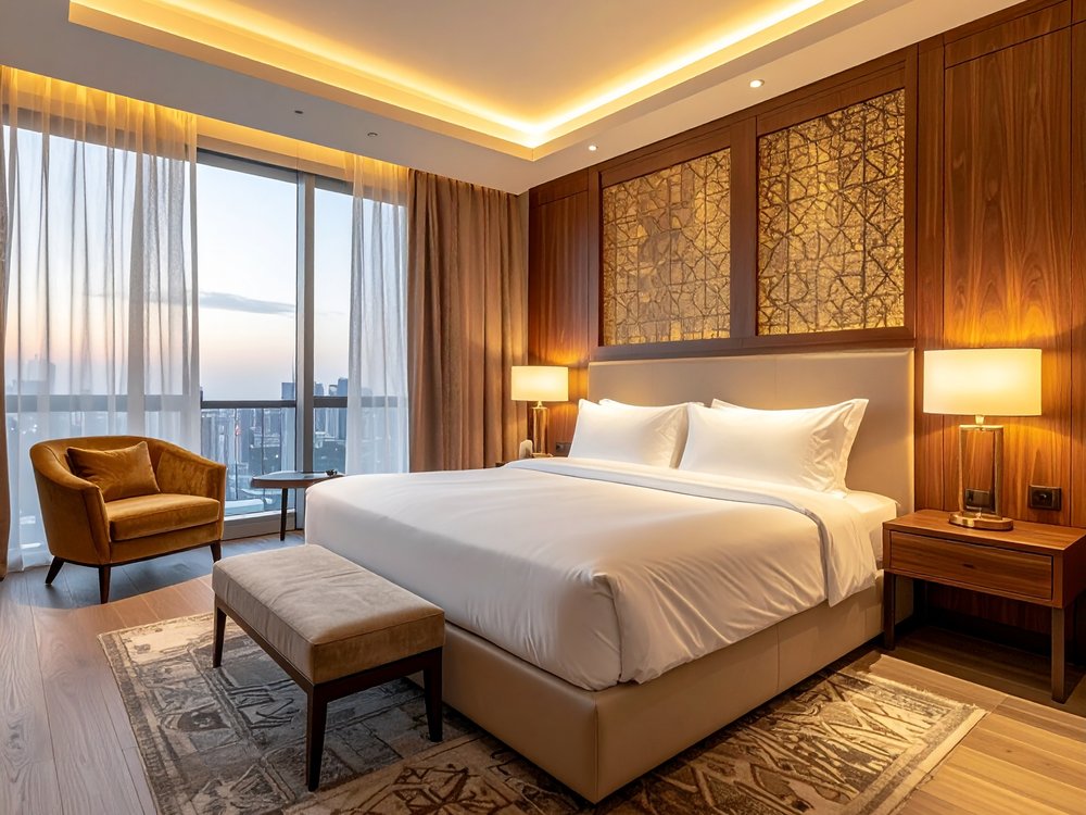 Elegancki pokój z drewnianą boazerią w hotelu w Downtown Dubai. Zdjęcie wygenerowane przez AI.