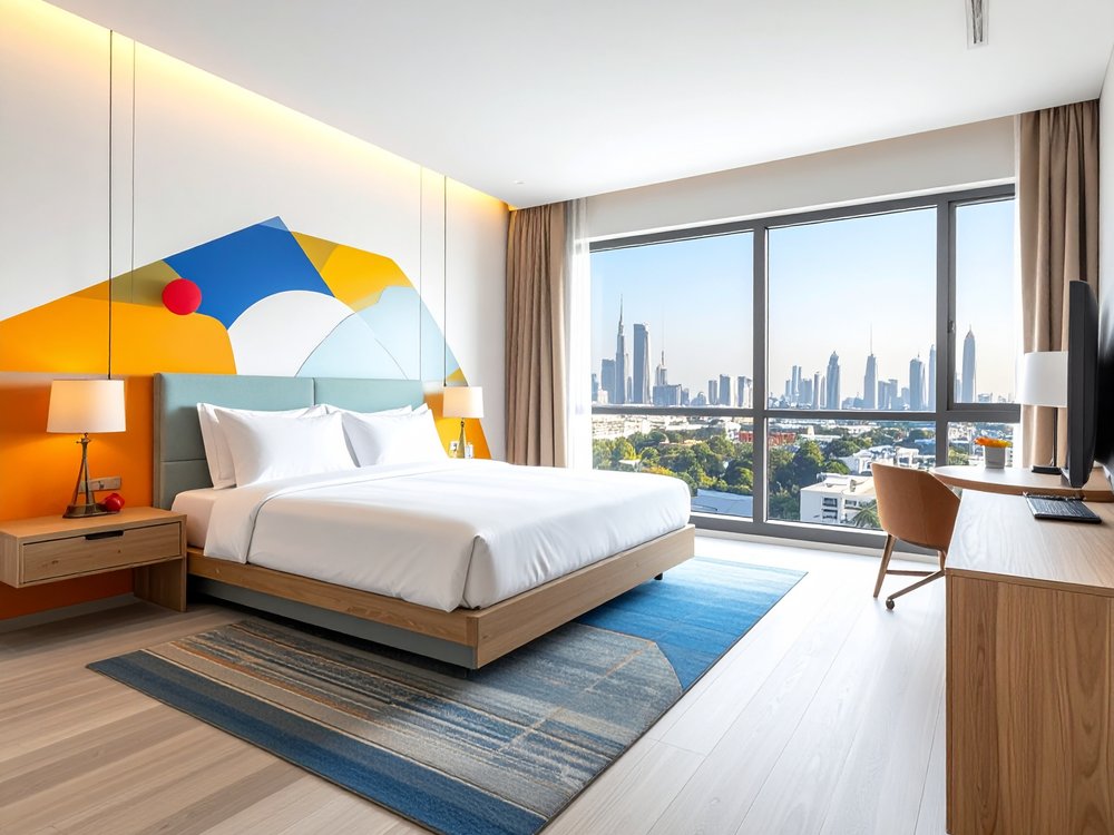Nowoczesny, kolorowy pokój w hotelu miejskim w Dubaju. Zdjęcie wygenerowane przez AI.