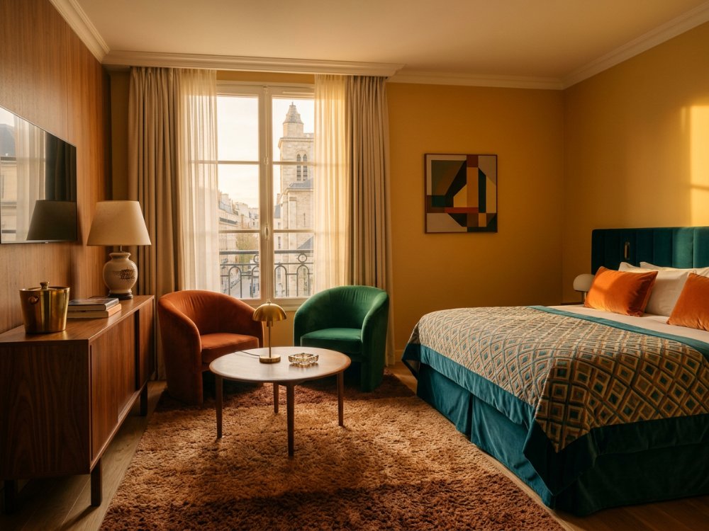 Designerski pokój w hotelu w Paryżu. Zdjęcie wygenerowane przez AI.