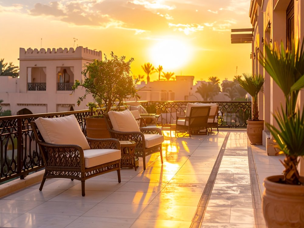 Taras hotelowy - Dubai Garden Glow. Zdjęcie wygenerowane przez AI.