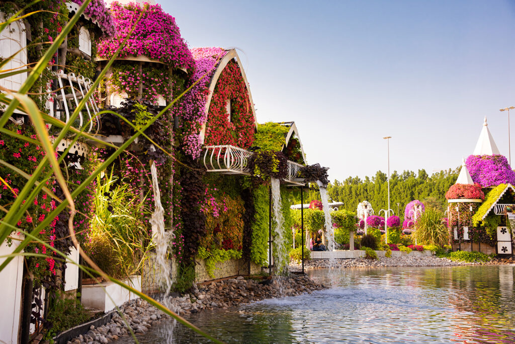 Kwieciste domy w Dubai Miracle Garden.