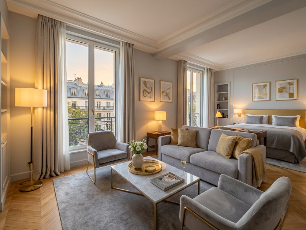 Elegancki apartament w hotelu w Paryżu. Zdjęcie wygenerowane przez AI.