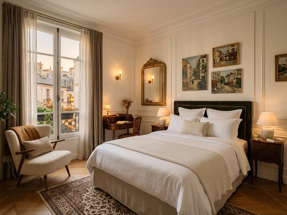 Elegancki pokój w butikowym hotelu na Montmartre. Zdjęcie wygenerowane przez AI.