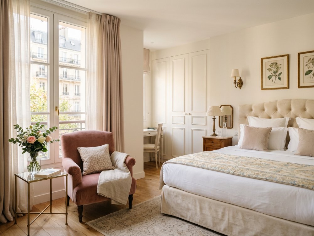 Elegancki pokój w butikowym hotelu w Paryżu. Zdjęcie wygenerowane przez AI.