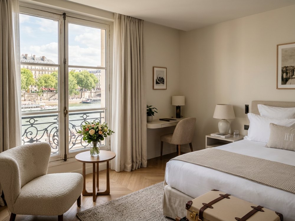 Elegancki pokój w butikowym hotelu w Paryżu. Zdjęcie wygenerowane przez AI.