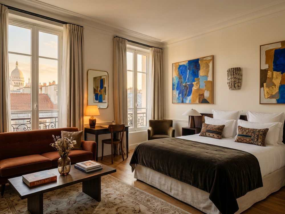 Elegancki pokój w hotelu na Montmartre. Zdjęcie wygenerowane przez AI.