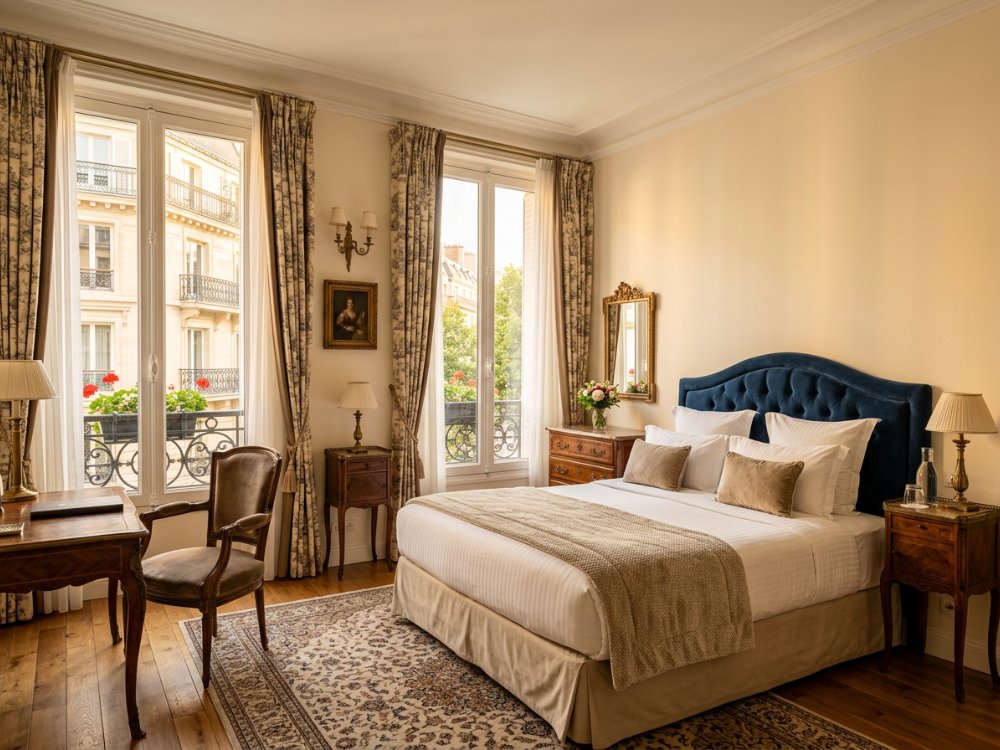 Elegancki pokój w hotelu w Paryżu. Zdjęcie wygenerowane przez AI.