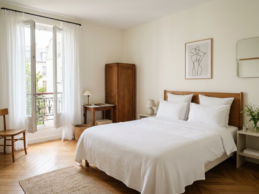 Jasny pokój w hotelu na Montmartre. Zdjęcie wygenerowane przez AI.
