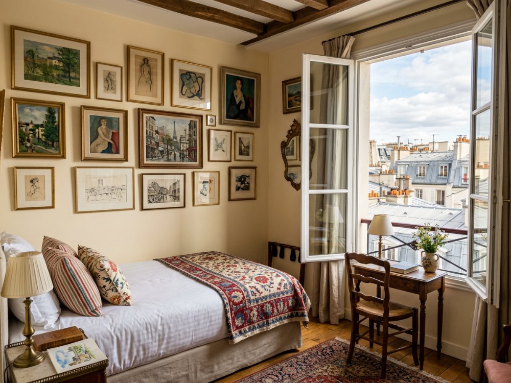 Klimatyczny pokój w hotelu na Montmartre. Zdjęcie wygenerowane przez AI.