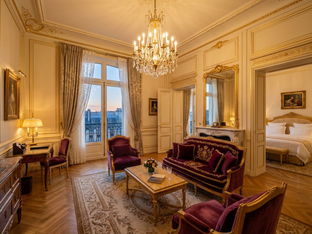 Luksusowy apartament w hotelu w Paryżu. Zdjęcie wygenerowane przez AI.