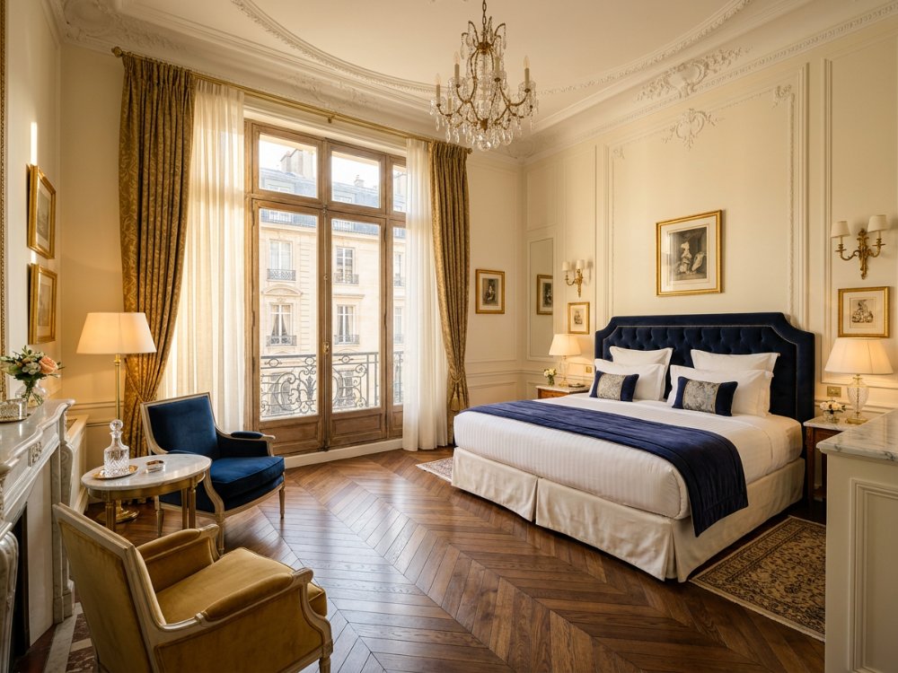 Luksusowy apartament w hotelu w Paryżu. Zdjęcie wygenerowane przez AI.