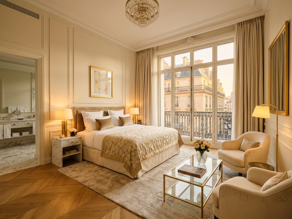 Luksusowy apartament w hotelu w Paryżu. Zdjęcie wygenerowane przez AI.