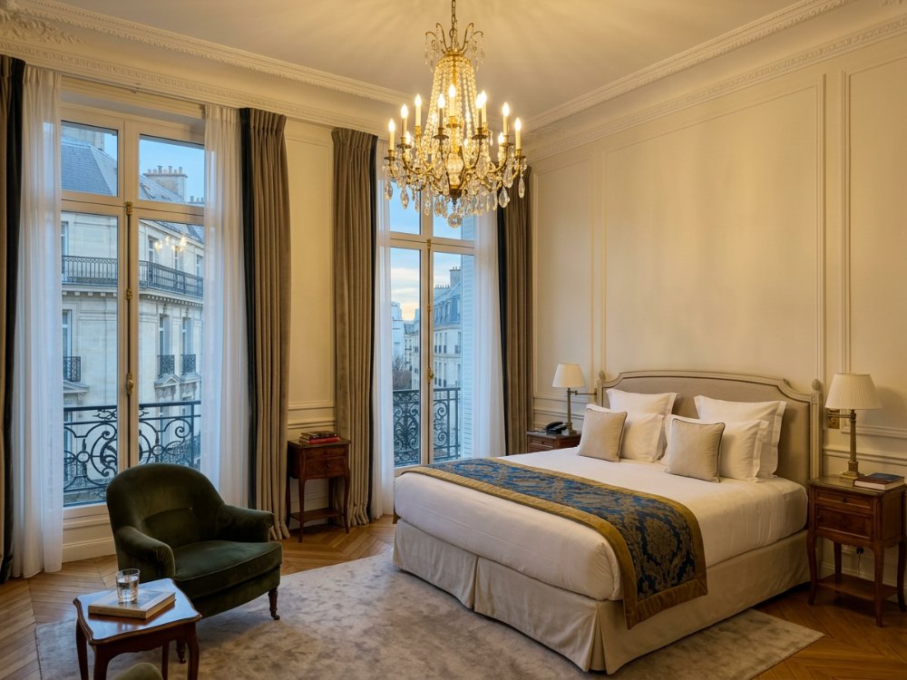 Luksusowy apartament w hotelu w Paryżu. Zdjęcie wygenerowane przez AI.