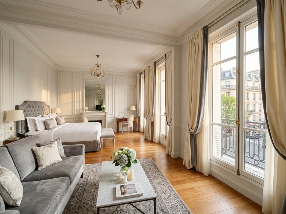 Luksusowy apartament w hotelu w Paryżu. Zdjęcie wygenerowane przez AI.