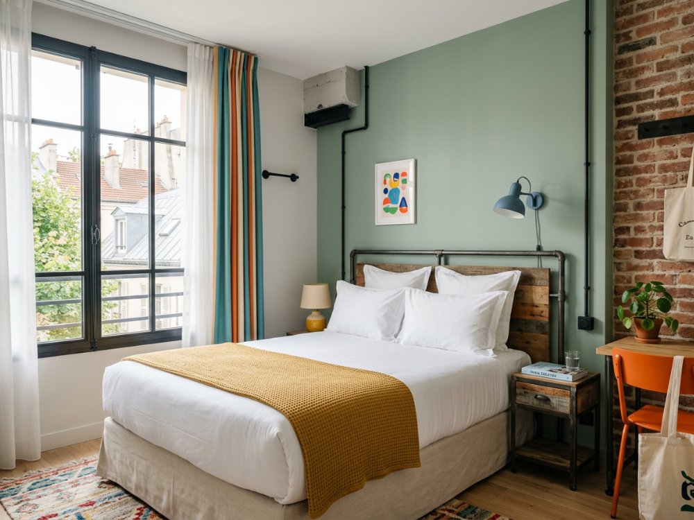Nowoczesny pokój w hotelu pod Paryżem. Zdjęcie wygenerowane przez AI.