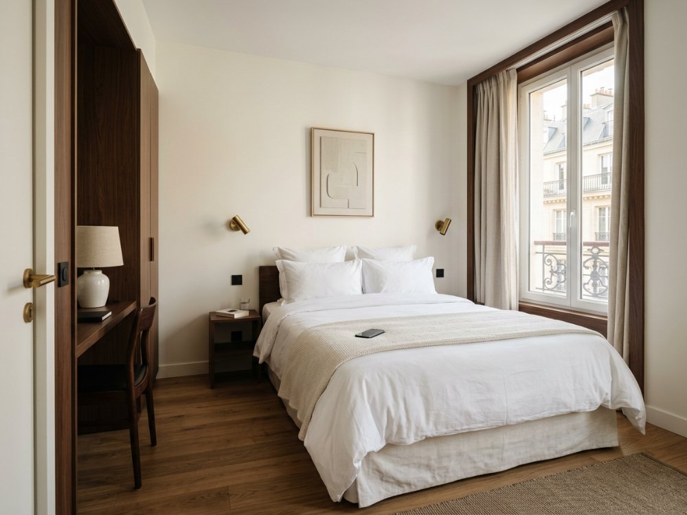 Nowoczesny pokój w hotelu w Paryżu. Zdjęcie wygenerowane przez AI.