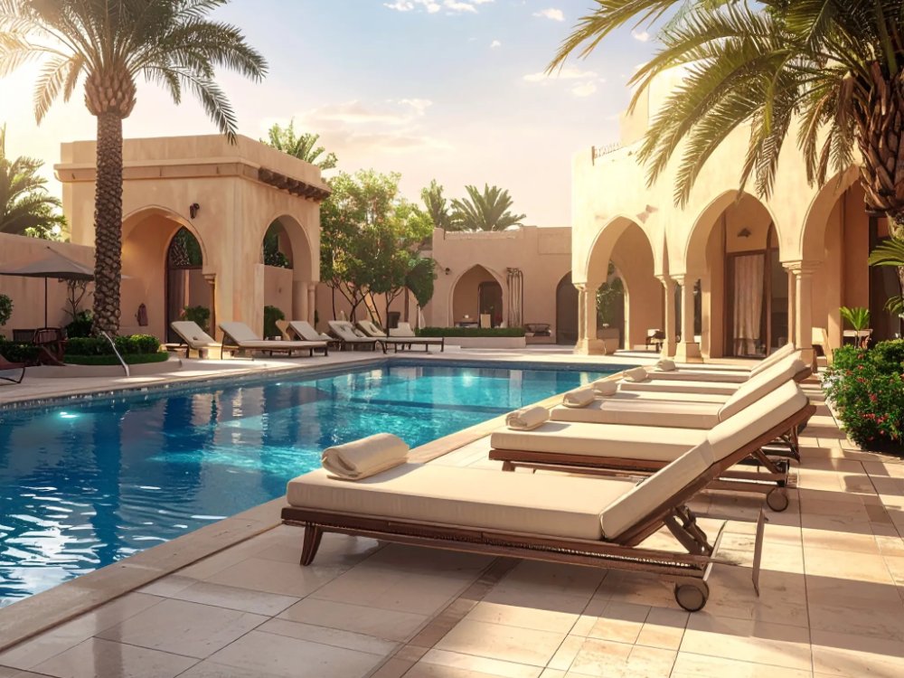 Basen hotelowy - Dubai Garden Glow. Zdjęcie wygenerowane przez AI.