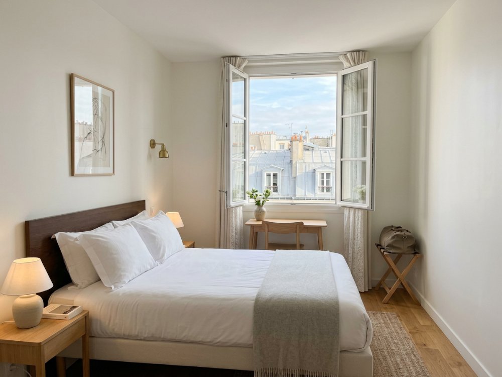 Prosty pokój w hotelu na Montmartre. Zdjęcie wygenerowane przez AI.
