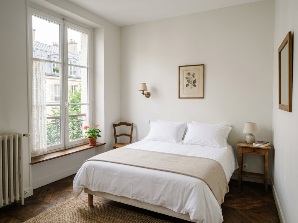 Prosty pokój w hotelu na Montmartre. Zdjęcie wygenerowane przez AI.