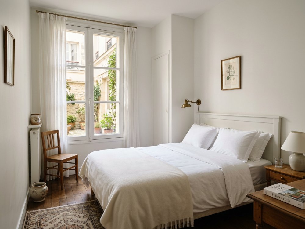 Prosty pokój w hotelu na Montmartre. Zdjęcie wygenerowane przez AI.