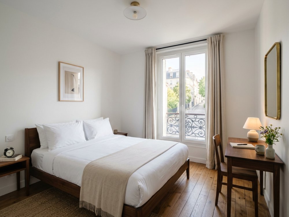 Prosty pokój w hotelu w centrum Paryża. Zdjęcie wygenerowane przez AI.
