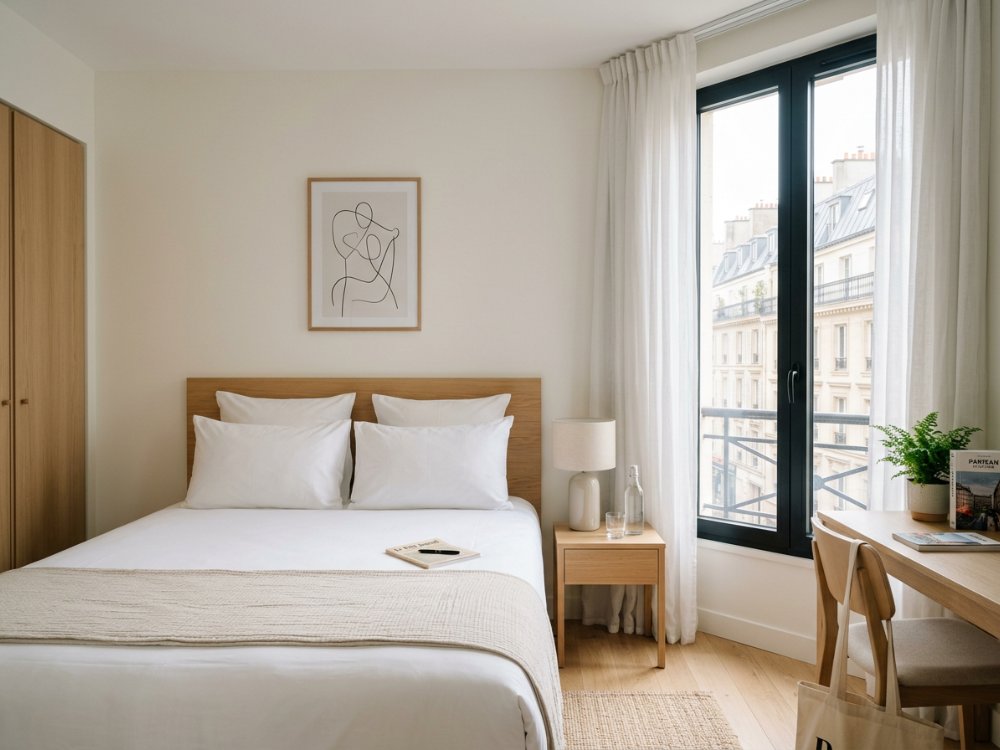 Prosty pokój w hotelu w Paryżu. Zdjęcie wygenerowane przez AI.