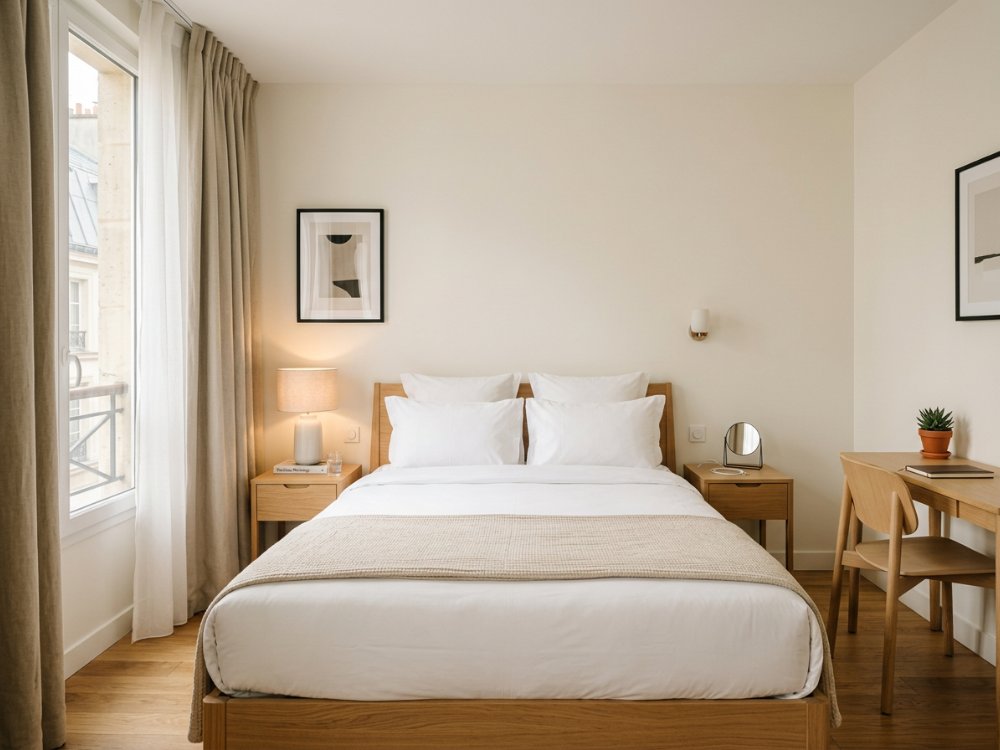 Prosty pokój w hotelu w Paryżu. Zdjęcie wygenerowane przez AI.