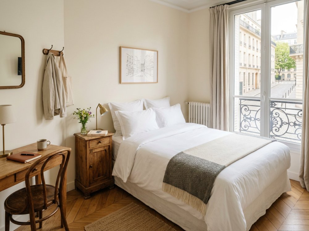 Prosty pokój w paryskim hotelu. Zdjęcie wygenerowane przez AI.