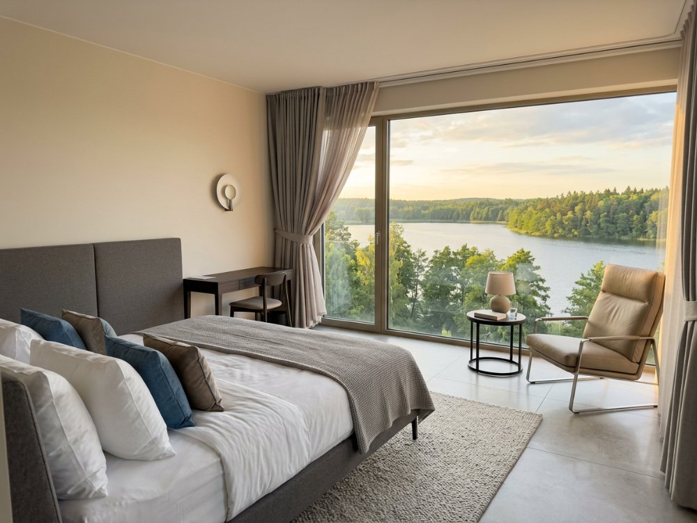 Przestronny pokój w hotelu nad jeziorem pod Paryżem. Zdjęcie wygenerowane przez AI.