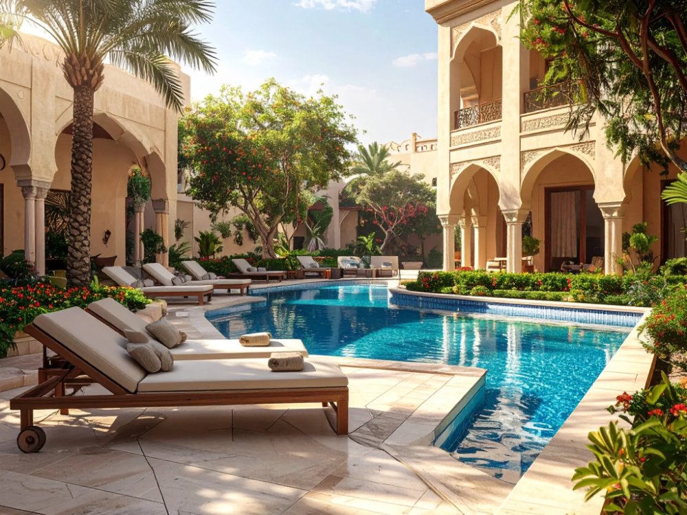 Basen hotelowy - Dubai Garden Glow. Zdjęcie wygenerowane przez AI.