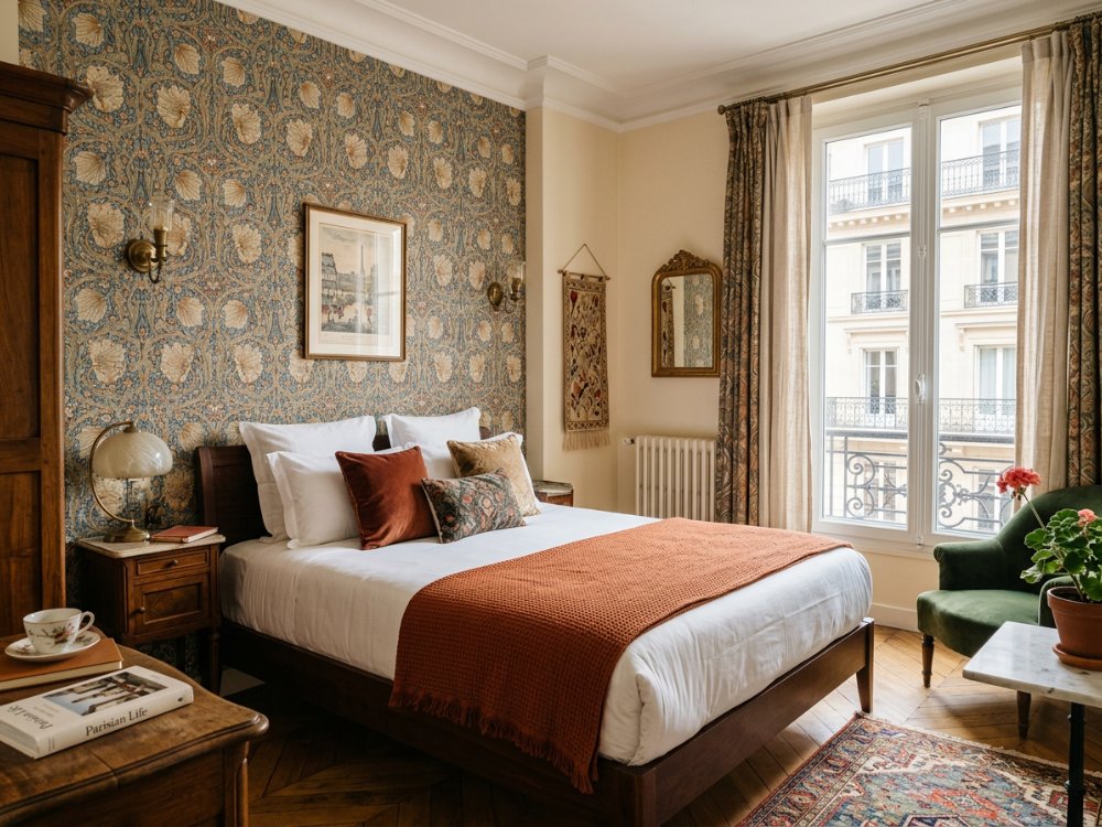 Stylowy pokój w butikowym hotelu w Paryżu. Zdjęcie wygenerowane przez AI.