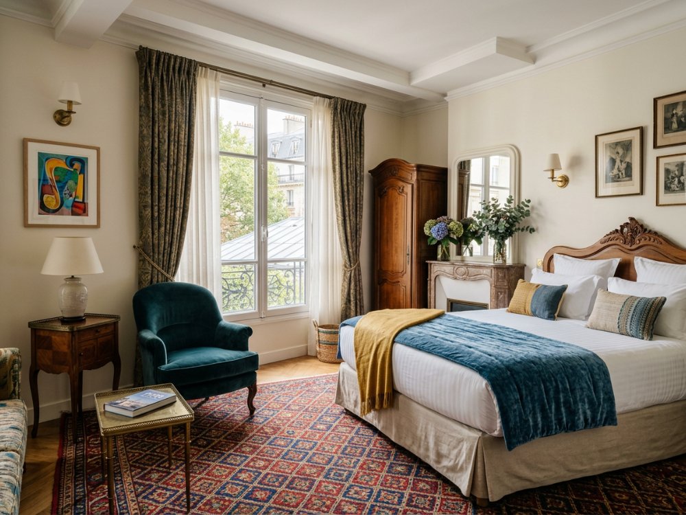 Stylowy pokój w butikowym hotelu w Paryżu. Zdjęcie wygenerowane przez AI.