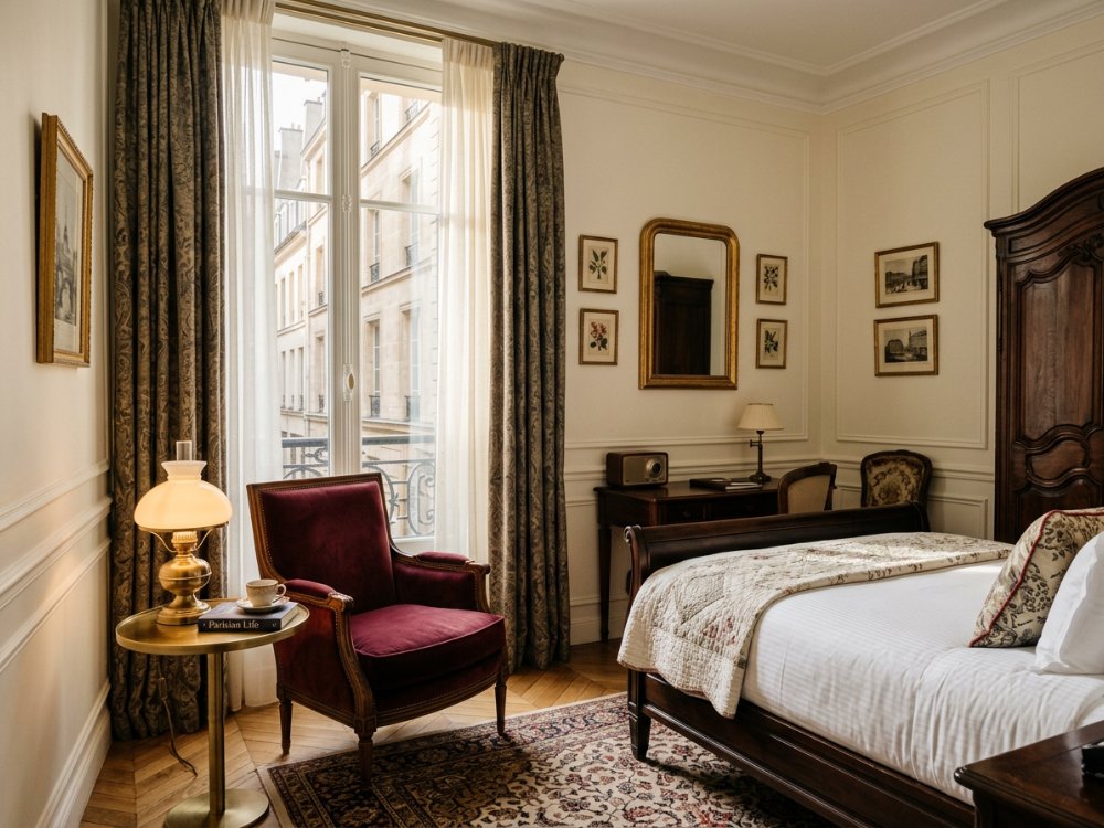 Stylowy pokój w hotelu na Pigalle. Zdjęcie wygenerowane przez AI.