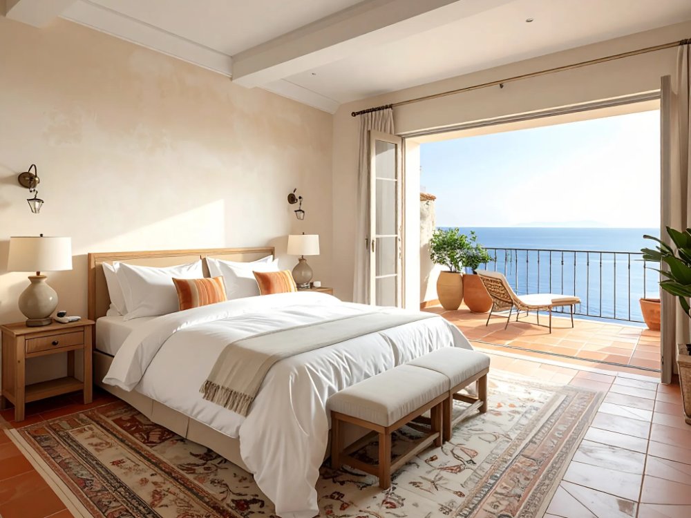 Elegancki pokój hotelowy z balkonem - Castel Sant'Elmo. Zdjęcie wygenerowane przez AI.