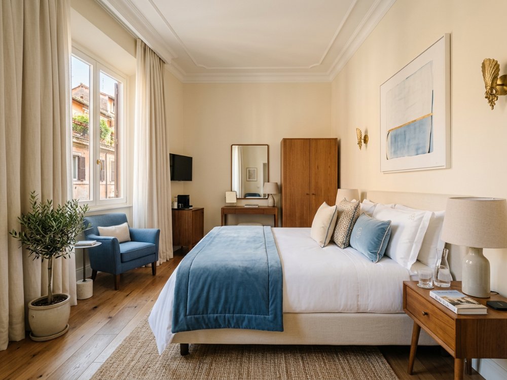 Elegancki pokój w butikowym hotelu w Rzymie. Zdjęcie wygenerowane przez AI.