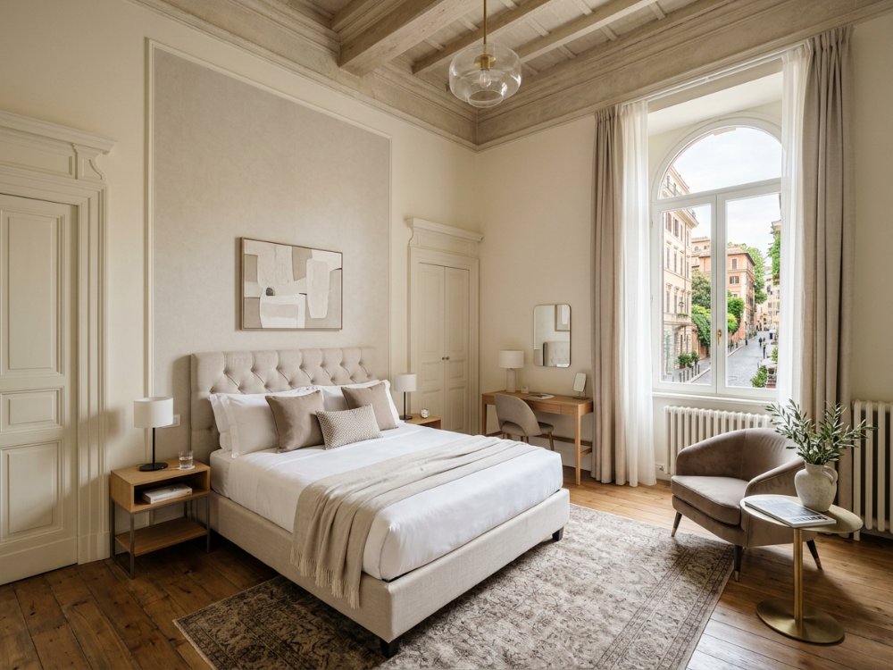 Elegancki pokój w butikowym hotelu w Rzymie. Zdjęcie wygenerowane przez AI.