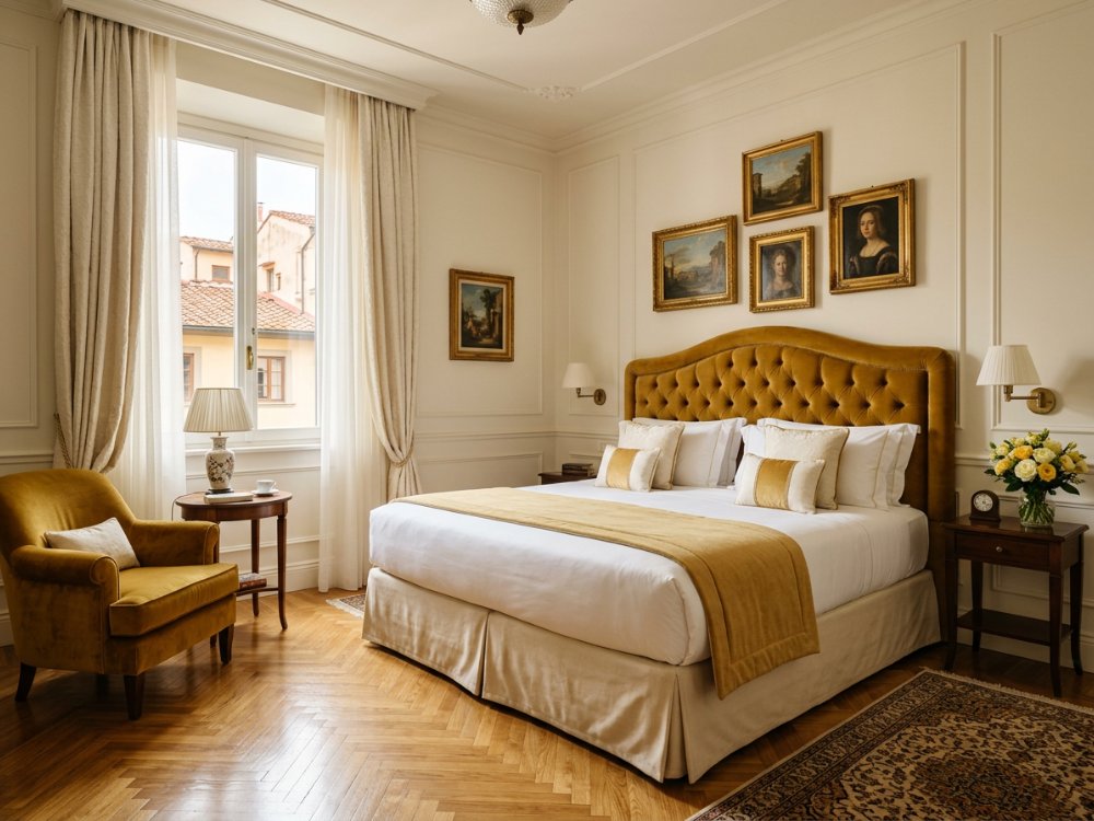 Elegancki pokój w butikowym hotelu we Florencji. Zdjęcie wygenerowane przez AI.