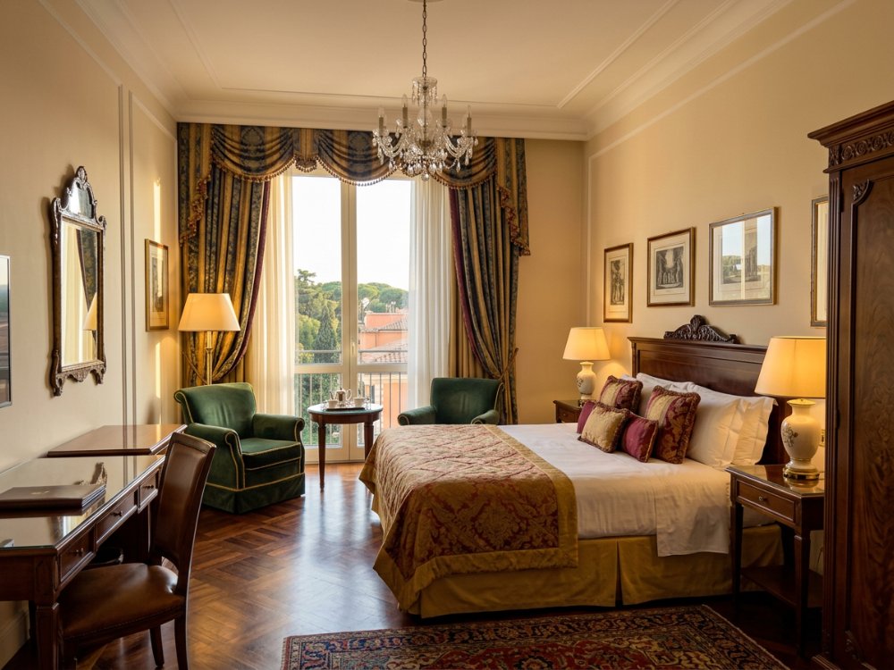 Elegancki pokój w hotelu przy Watykanie. Zdjęcie wygenerowane przez AI.