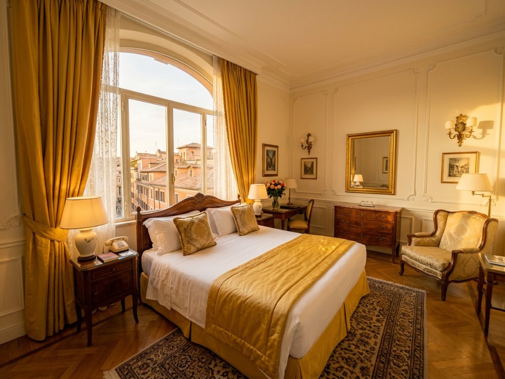 Elegancki pokój w hotelu w centrum Rzymu. Zdjęcie wygenerowane przez AI.