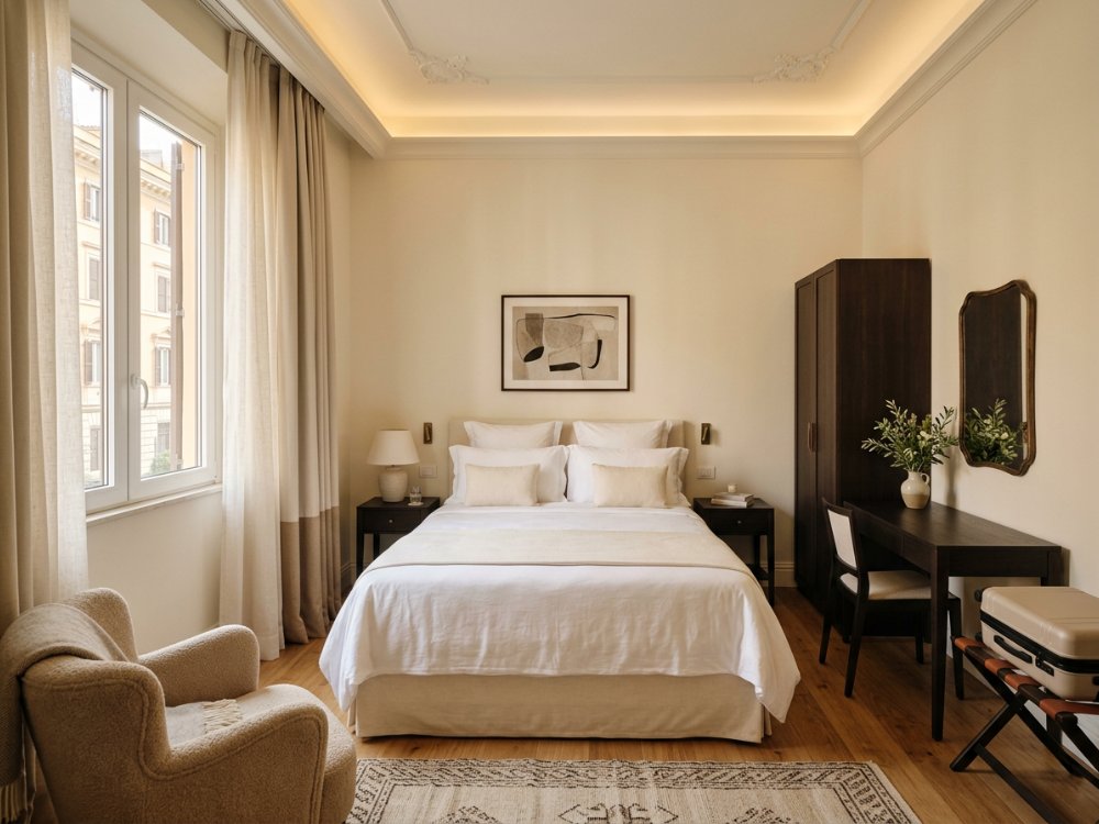 Elegancki pokój w hotelu w Rzymie. Zdjęcie wygenerowane przez AI.