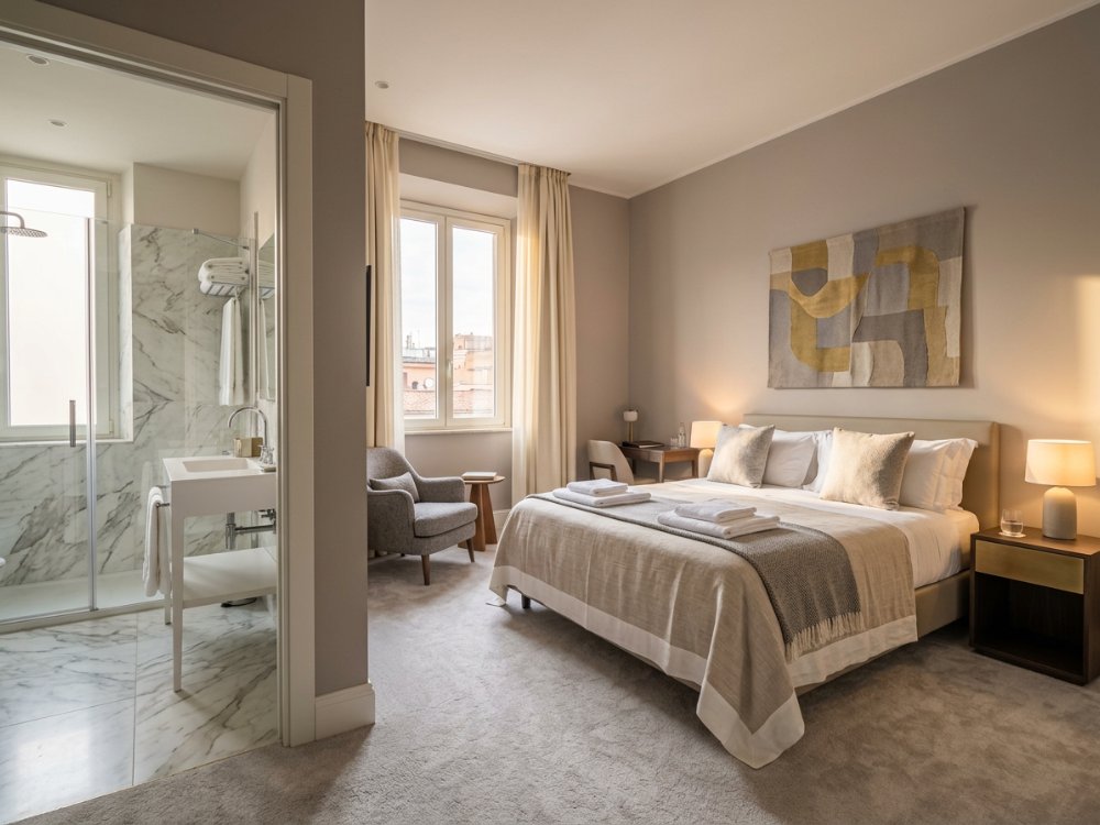 Elegancki pokój w hotelu w Rzymie. Zdjęcie wygenerowane przez AI.