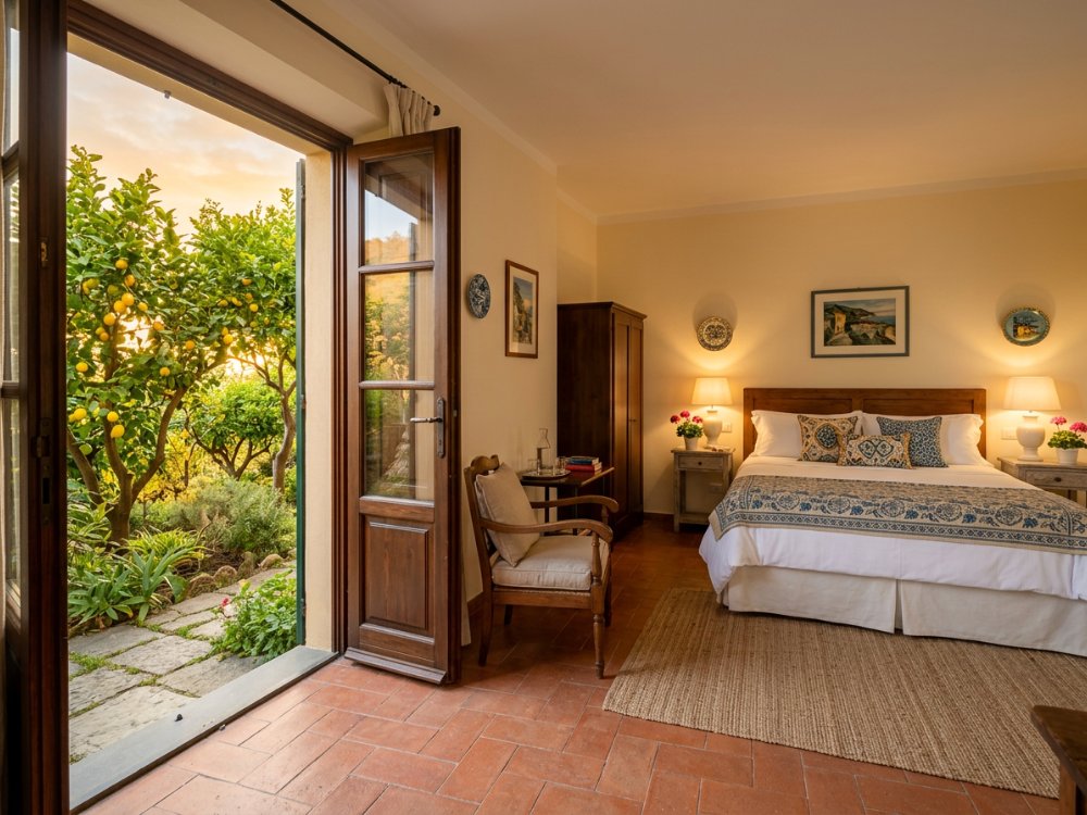 Elegancki pokój w hotelu z ogrodem w Cinque Terre. Zdjęcie wygenerowane przez AI.