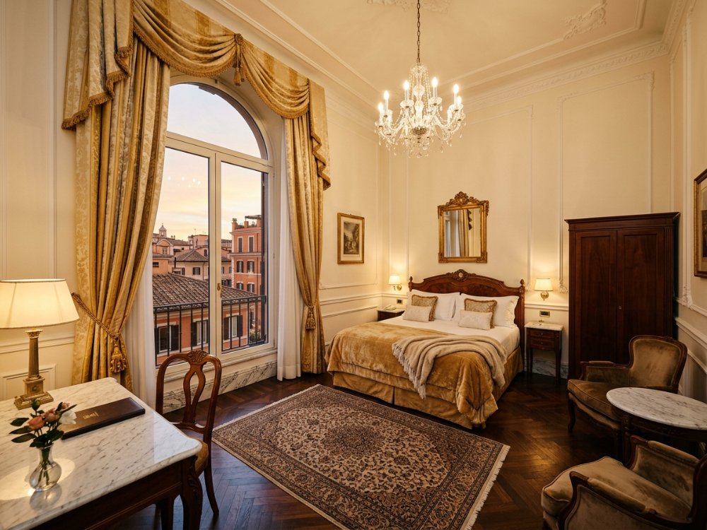 Elegancki pokój w luksusowym hotelu w Rzymie. Zdjęcie wygenerowane przez AI.