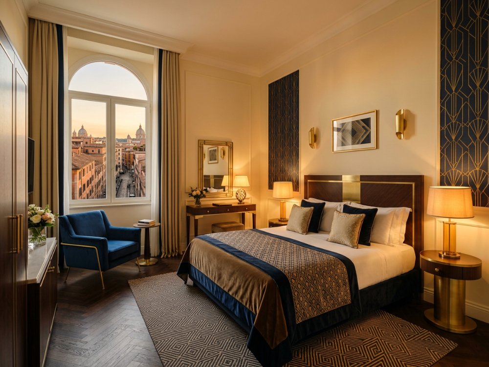 Elegancki pokój w stylu art déco w hotelu w Rzymie. Zdjęcie wygenerowane przez AI.