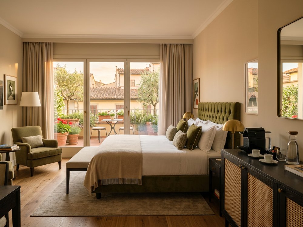 Elegancki pokój z tarasem w butikowym hotelu we Florencji. Zdjęcie wygenerowane przez AI.