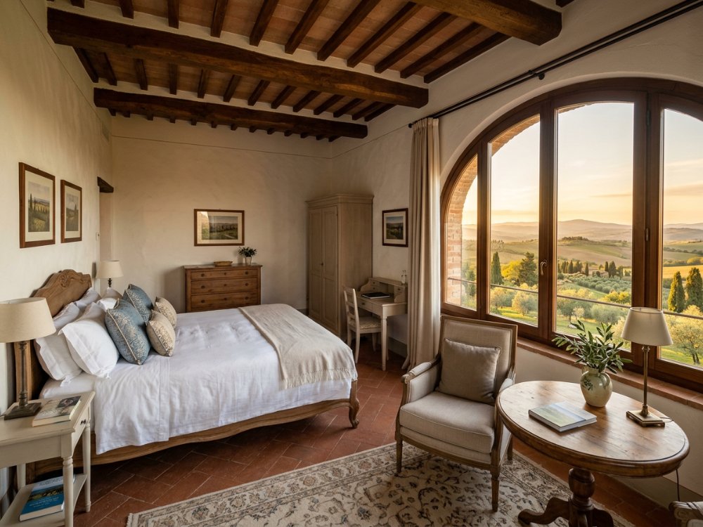 Elegancki pokój z widokiem na wzgórza w San Gimignano. Zdjęcie wygenerowane przez AI.