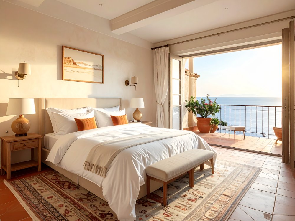 Elegancki pokój hotelowy z balkonem - Castel Sant'Elmo. Zdjęcie wygenerowane przez AI.