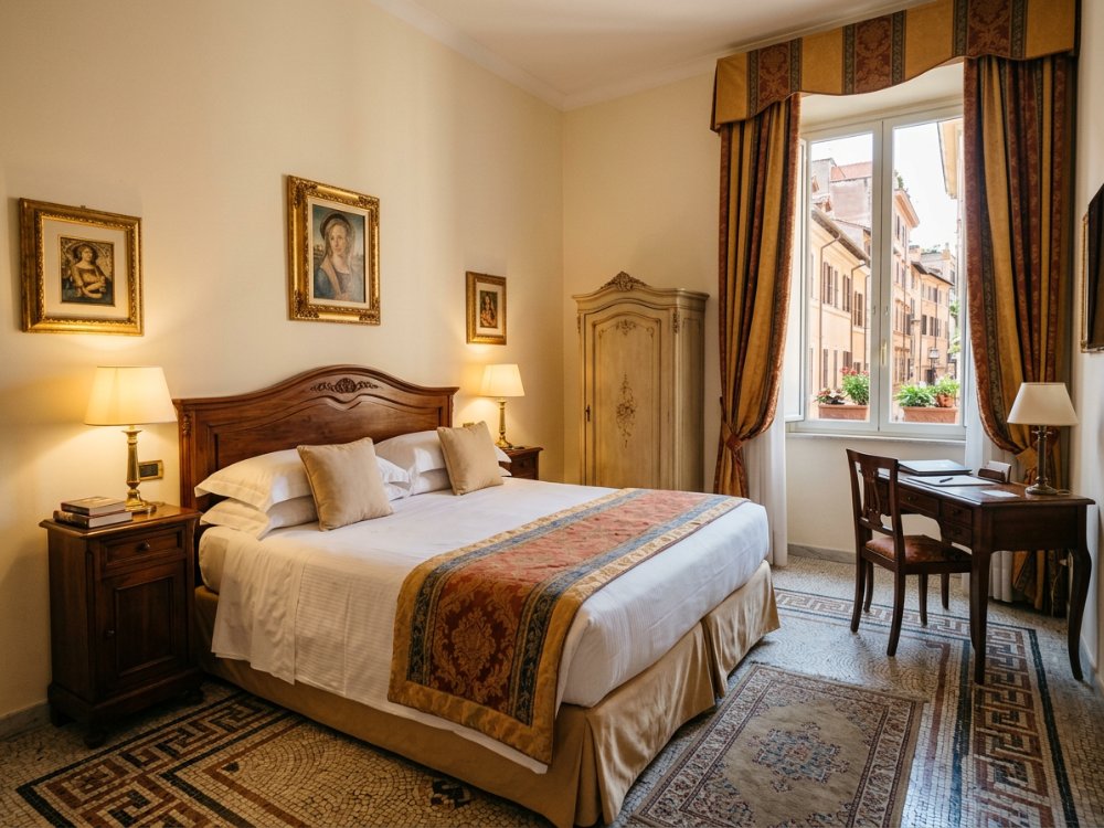 Klasyczny pokój w hotelu w Rzymie. Zdjęcie wygenerowane przez AI.