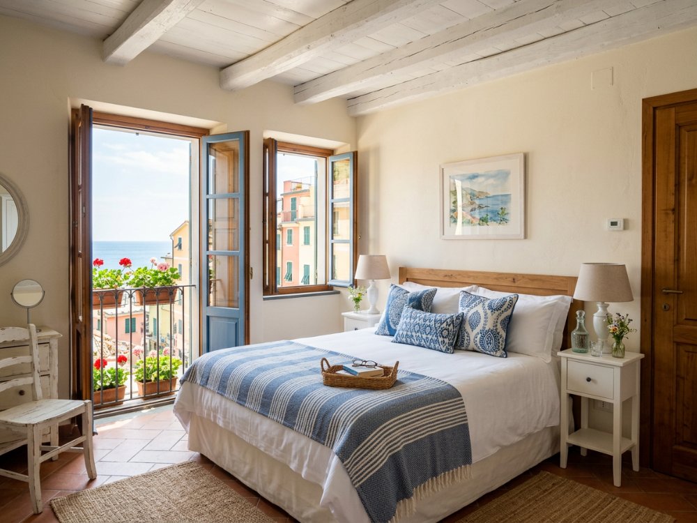 Klimatyczny pokój w hotelu w Cinque Terre. Zdjęcie wygenerowane przez AI.