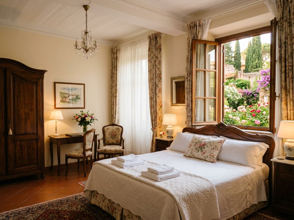 Klimatyczny pokój w hotelu z ogrodem w Rzymie. Zdjęcie wygenerowane przez AI.